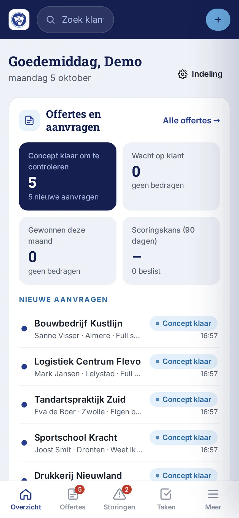 Het dashboard op de telefoon